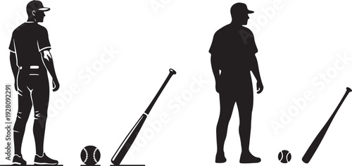 Silhouettes of baseball players with bats and balls