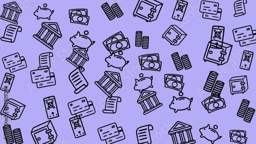 Microstock asset featuring money, banks, wallets, coins, and buildings against a violet background. Ideal for financial concepts and presentations.