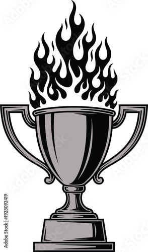 Stylized grayscale trophy cup with dynamic black flames symbolizing victory, achievement, excellence, competition, success, triumph, and passionate sports design