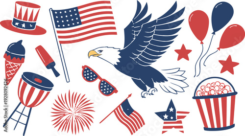 4th of July Sublimation Clipart SVG Bundle.
Large 4th of July clipart bundle illustration, patriotic USA themed elements arranged in a collage layout, vibrant red white and blue color palette,