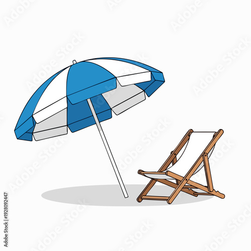Beach umbrella and deck chair illustration in blue and white perfect for summer vacation and holiday designs promoting relaxation and leisure