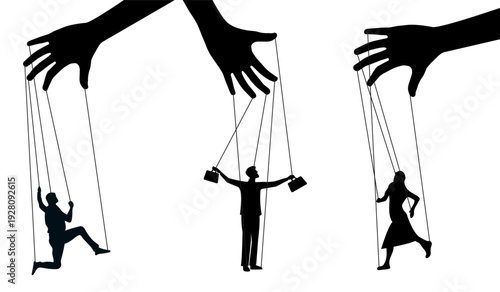 The puppet.  A hand-operated human doll on a white background, vector. Black and white image.