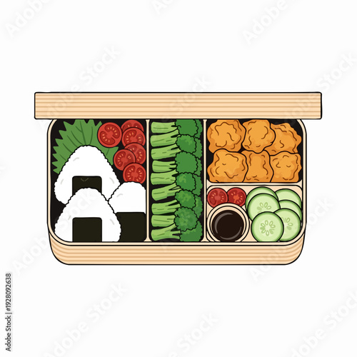 Bento box meal with rice balls chicken nuggets broccoli cucumbers tomatoes and soy sauce in a cartoon illustration style
