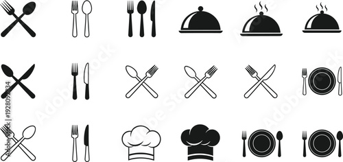 Restaurant icons set vector illustration, cutlery fork knife spoon symbols, chef hat and food plate cloche silhouettes for menu design,