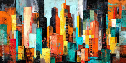 Abstract art painting colorful city scape  wallpaper texture background.