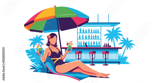 Modern vector illustration of a woman in beachside bar with tropical drinks and relaxed visitors representing vacation lifestyle, summer leisure and celebration culture