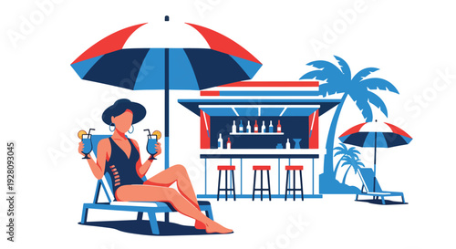 Modern vector illustration of a woman in beachside bar with tropical drinks and relaxed visitors representing vacation lifestyle, summer leisure and celebration culture