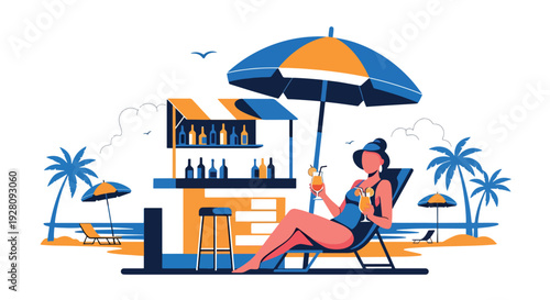 Modern vector illustration of a woman in beachside bar with tropical drinks and relaxed visitors representing vacation lifestyle, summer leisure and celebration culture