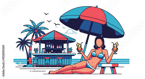 Modern vector illustration of a woman in beachside bar with tropical drinks and relaxed visitors representing vacation lifestyle, summer leisure and celebration culture