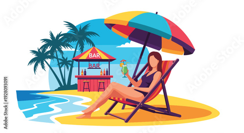 Modern vector illustration of a woman in beachside bar with tropical drinks and relaxed visitors representing vacation lifestyle, summer leisure and celebration culture