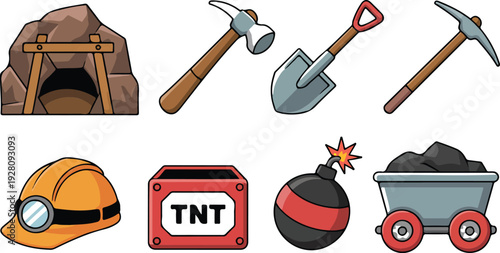 Vector Illustration Collection of Mining Tools and Equipment Including Helmets Pickaxes Shovels Carts Explosives and Underground Cave Scenes