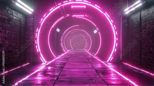 Neon pink rings illuminate a dark tunnel