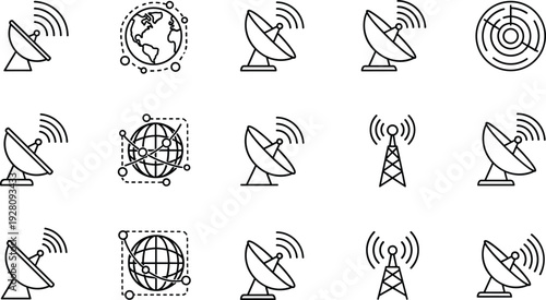 Satellite dish icon set, global communication network vectors, telecommunication tower illustrations, radar signal symbols, wireless technology icons for data transmission, internet.