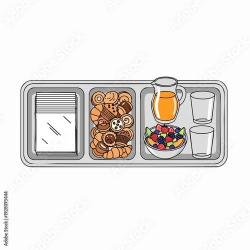 Breakfast tray with pastries fruit salad and juice in illustration style providing fresh assortment for healthy dining and cafe service