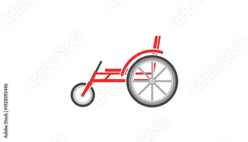 Red tricycle with large rear wheel and small front wheel