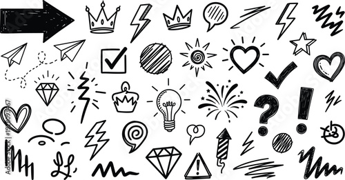 Doodle icons set with hand drawn arrows hearts stars crowns and lightning bolt symbols on transparent grid
