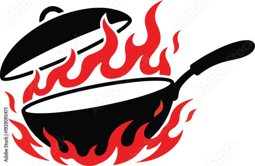 A frying pan on fire with flames coming out