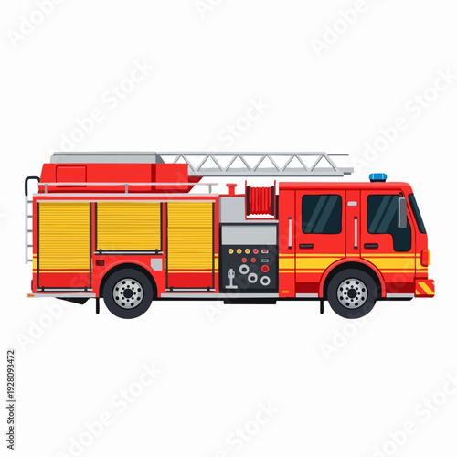 Bright red cartoon fire truck with yellow side panels and detailed ladder on top for emergency services and rescue operations