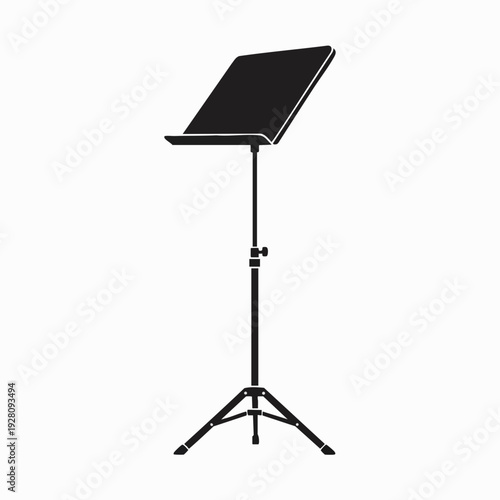 Black vector graphic of a foldable music stand for holding sheet music in rehearsals and performances isolated on a white backdrop