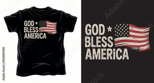Bless america retro t-shirt design with waving distressed flag, distressed typography, patriotic holiday apparel t-shirt design print illustration