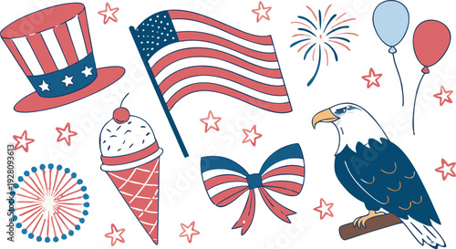 4th of July Sublimation Clipart SVG Bundle.
Large 4th of July clipart bundle illustration, patriotic USA themed elements arranged in a collage layout, vibrant red white and blue color palette,