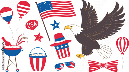 4th of July Sublimation Clipart SVG Bundle.
Large 4th of July clipart bundle illustration, patriotic USA themed elements arranged in a collage layout, vibrant red white and blue color palette,