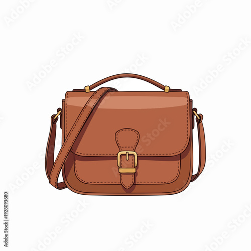 Brown leather satchel bag with shoulder strap gold buckle and top handle for fashion accessory design and product mockups