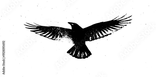 Minimalist black and white ink illustration of a raven in flight