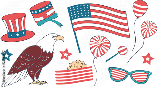 4th of July Sublimation Clipart SVG Bundle.
Large 4th of July clipart bundle illustration, patriotic USA themed elements arranged in a collage layout, vibrant red white and blue color palette,