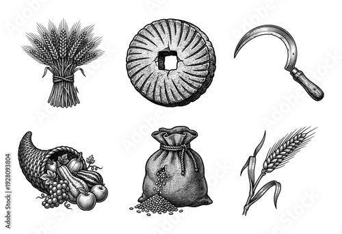 Vintage engraving style agricultural icons set featuring wheat bundle millstone sickle cornucopia and grain sack