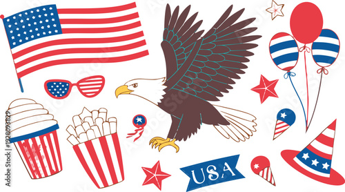 4th of July Sublimation Clipart SVG Bundle.
Large 4th of July clipart bundle illustration, patriotic USA themed elements arranged in a collage layout, vibrant red white and blue color palette,