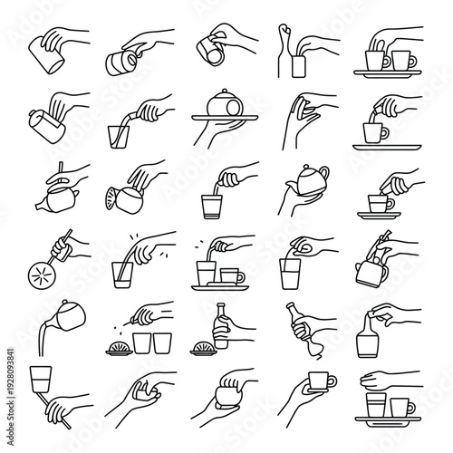 Hands Preparing and Serving Drinks Line Art Set illustration