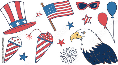 4th of July Sublimation Clipart SVG Bundle.
Large 4th of July clipart bundle illustration, patriotic USA themed elements arranged in a collage layout, vibrant red white and blue color palette,
