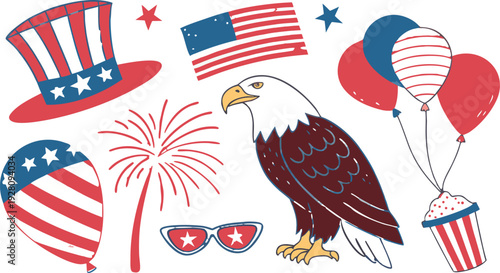 4th of July Sublimation Clipart SVG Bundle.
Large 4th of July clipart bundle illustration, patriotic USA themed elements arranged in a collage layout, vibrant red white and blue color palette,