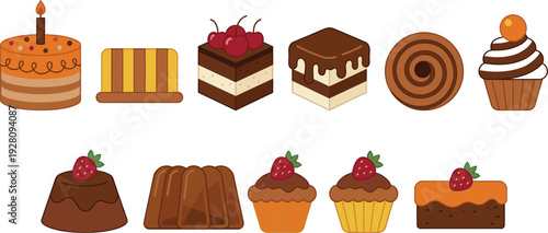 Bakery dessert icons collection with cakes cupcakes pudding chocolate roll and sweet pastry treats