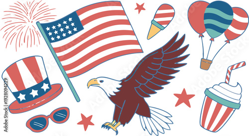 4th of July Sublimation Clipart SVG Bundle.
Large 4th of July clipart bundle illustration, patriotic USA themed elements arranged in a collage layout, vibrant red white and blue color palette,