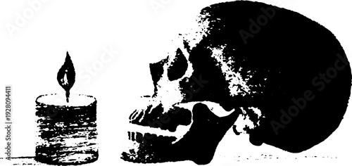 Memento mori skull and candle in high contrast black and white ink drawing