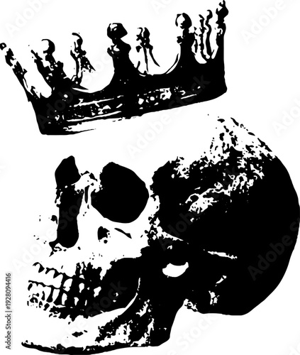 Royal skull silhouette with crown in high contrast ink style - design for tattoos and posters