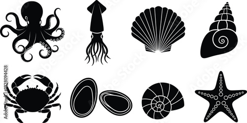 Sea creatures silhouette set, octopus, squid, crab, starfish, seashell, marine life icons, ocean animal vector collection, aquatic nature, beach, underwater.