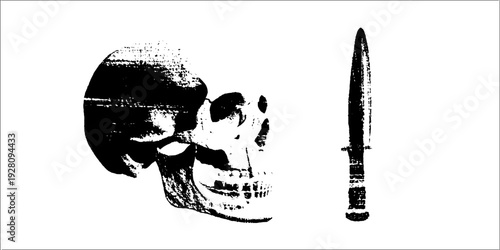 High contrast skull and dagger ink illustration - vintage black and white design for posters or cards