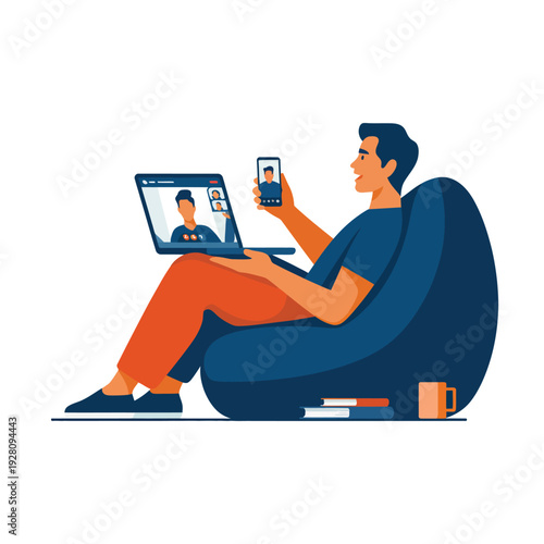 Man on beanbag chair video conferencing on laptop and phone