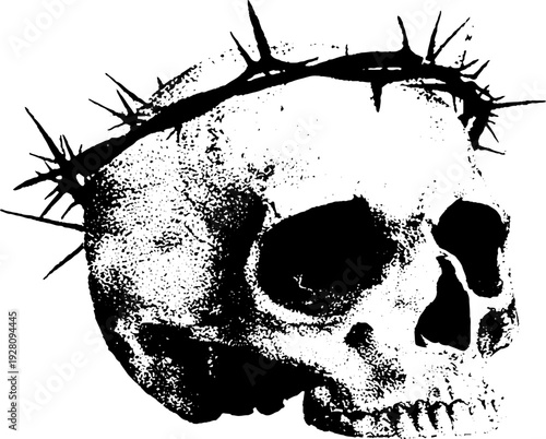 High contrast black and white skull with crown of thorns design for artistic use