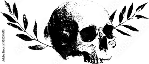 Black and white skull with laurel wreath ink illustration for retro designs