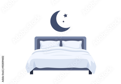 A dark blue crescent moon with two stars above a blue and white bed on a white background