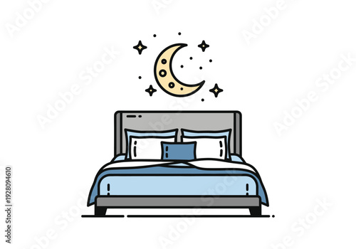 A stylized illustration of a bed with a crescent moon and stars above