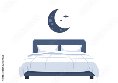 Bed with white bedding beneath a dark crescent moon and two stars