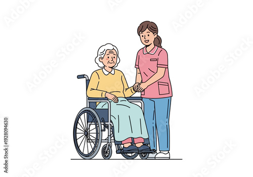 An illustration of a caregiver assisting an elderly woman in a wheelchair