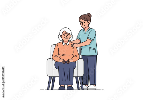 Cartoon illustration of a caregiver comforting an elderly woman seated in a chair