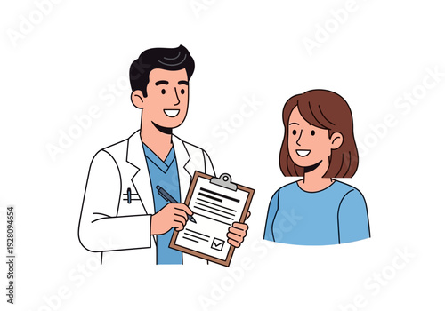 Doctor in white coat holding a clipboard with a patient beside him