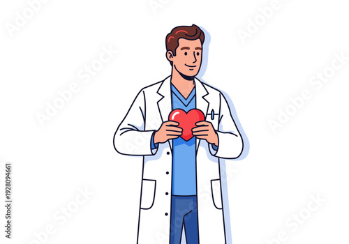 Doctor in white coat holding a bright red heart symbol
